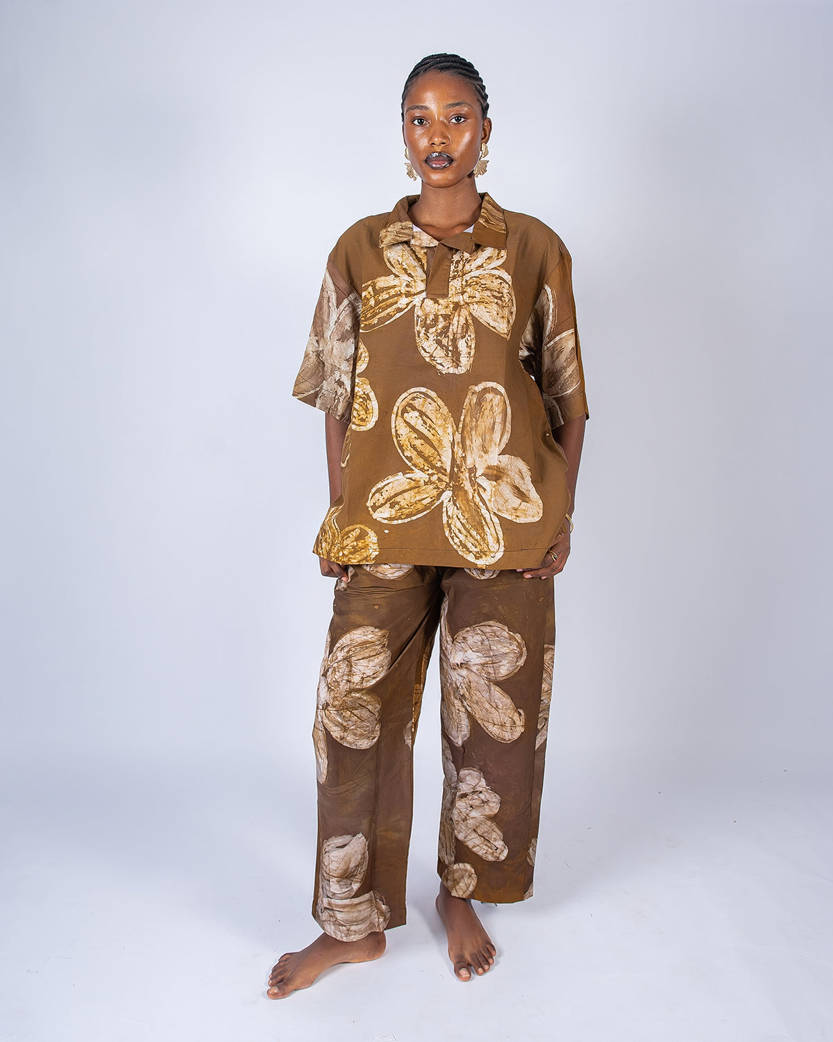 Brown Floral Print – Oversized Women’s Light Cotton Adire Shirt