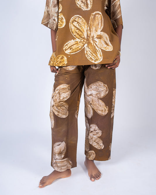 Brown Floral Print - Women's Cotton Adire Trousers