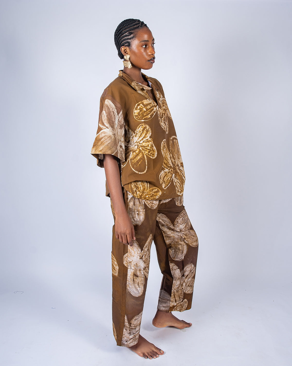 Brown Floral Print - Women's Cotton Adire Trousers