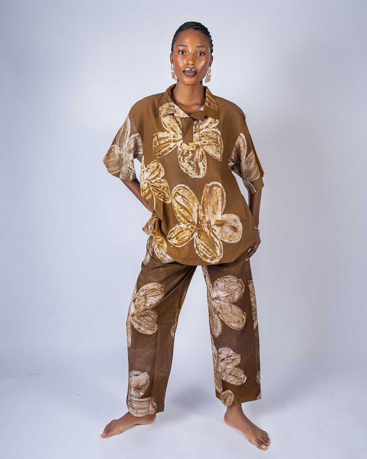Brown Floral Print – Oversized Women’s Light Cotton Adire Shirt