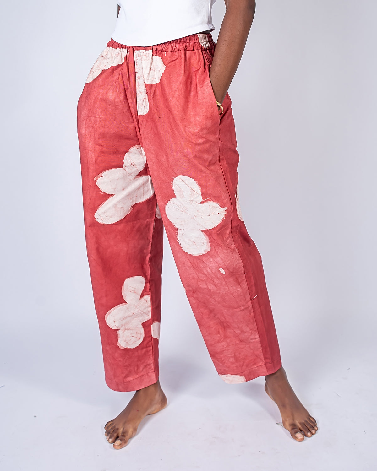 Red Floral Print - Women's Soft Cotton Adire Trousers