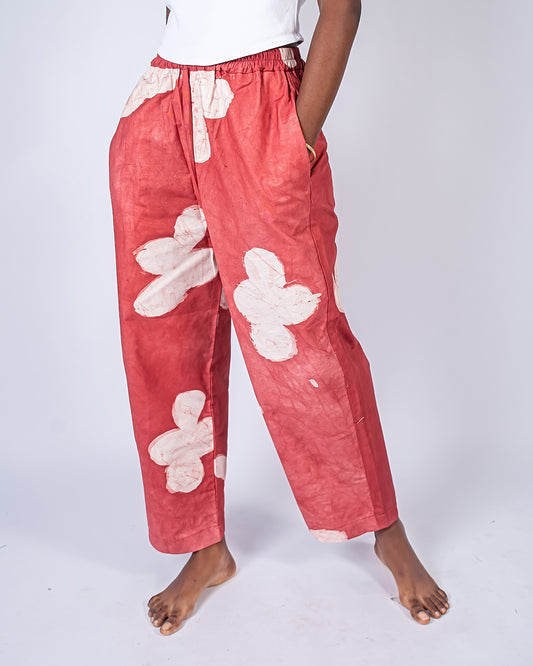 Red Floral Print - Women's Soft Cotton Adire Trousers
