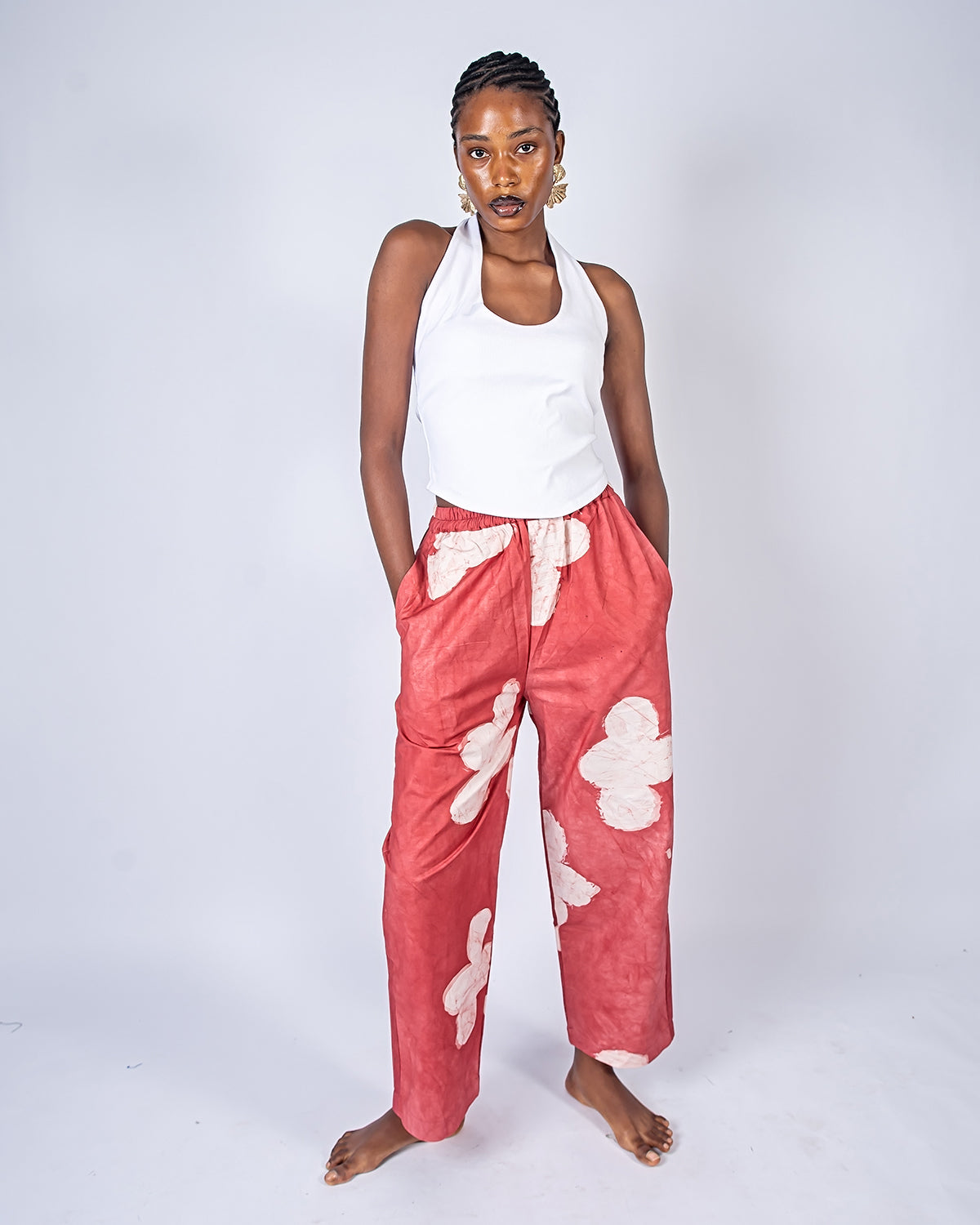 Red Floral Print - Women's Soft Cotton Adire Trousers