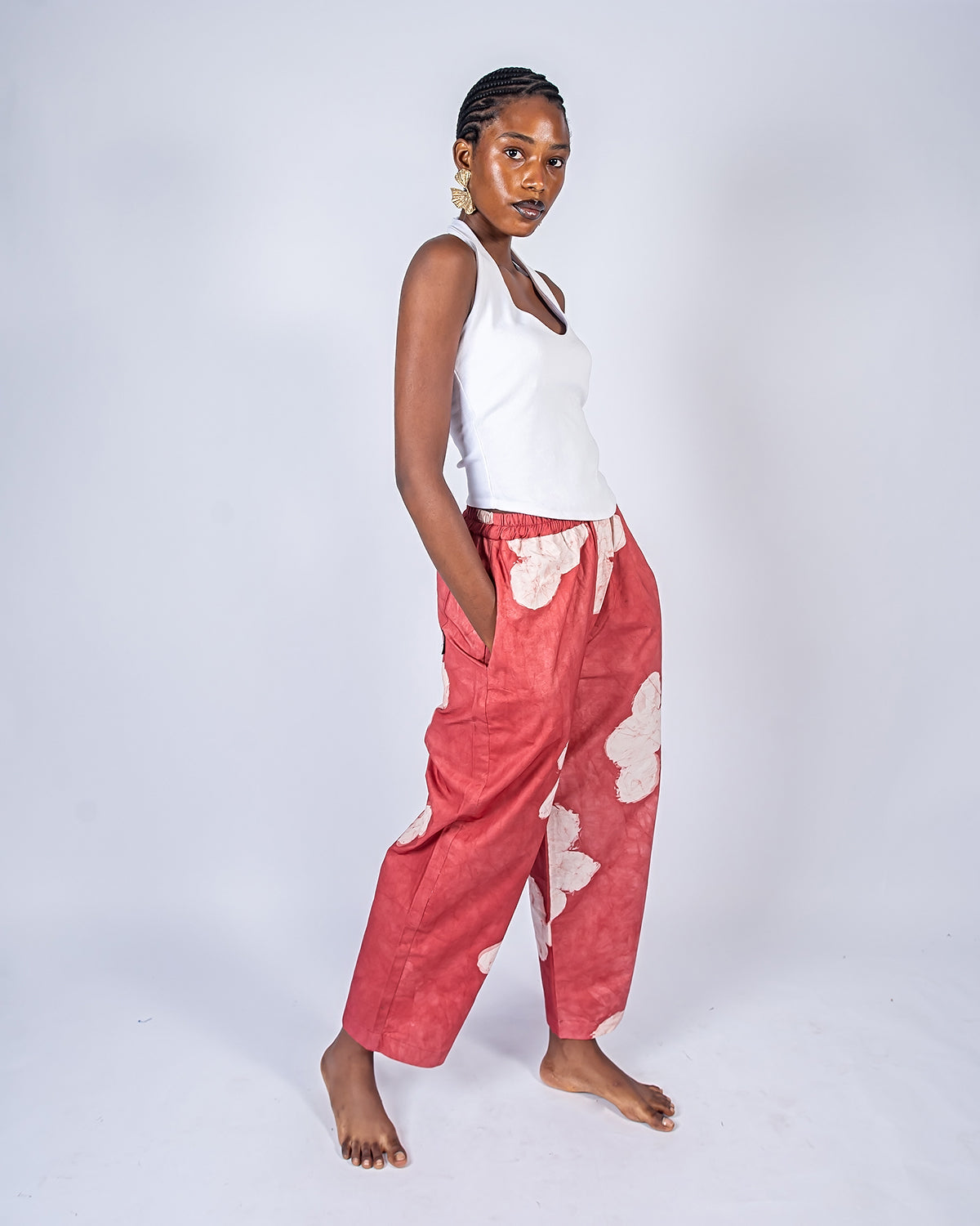 Red Floral Print - Women's Soft Cotton Adire Trousers