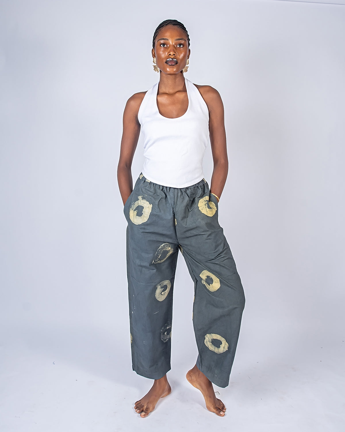 Grey & Yellow Contrast Print - Women's Cotton Adire Trousers