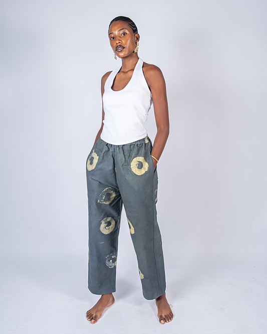 Grey & Yellow Contrast Print - Women's Cotton Adire Trousers