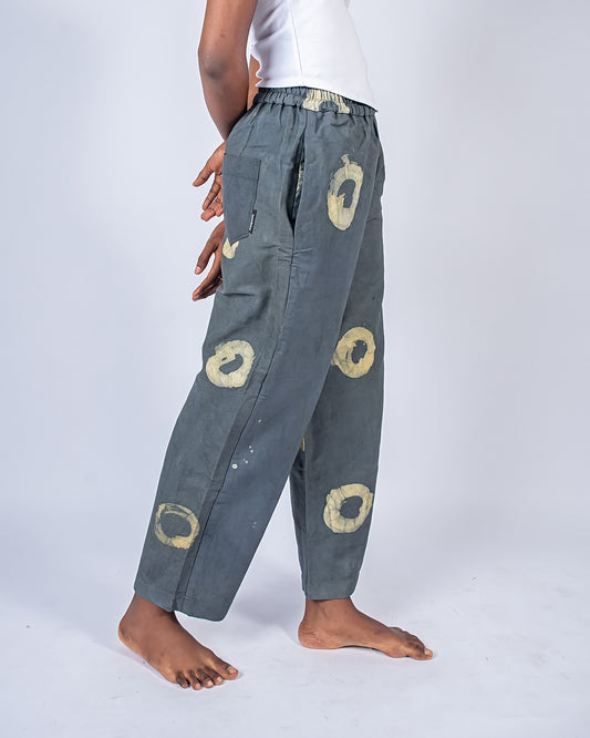 Grey & Yellow Contrast Print - Women's Cotton Adire Trousers
