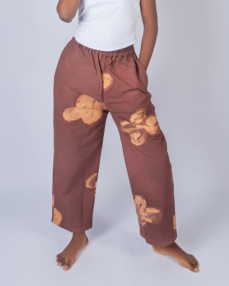 Brown & Yellow Tone Floral Print - Women's Cotton Adire Trousers