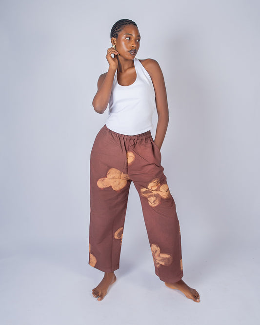 Brown & Yellow Tone Floral Print - Women's Cotton Adire Trousers