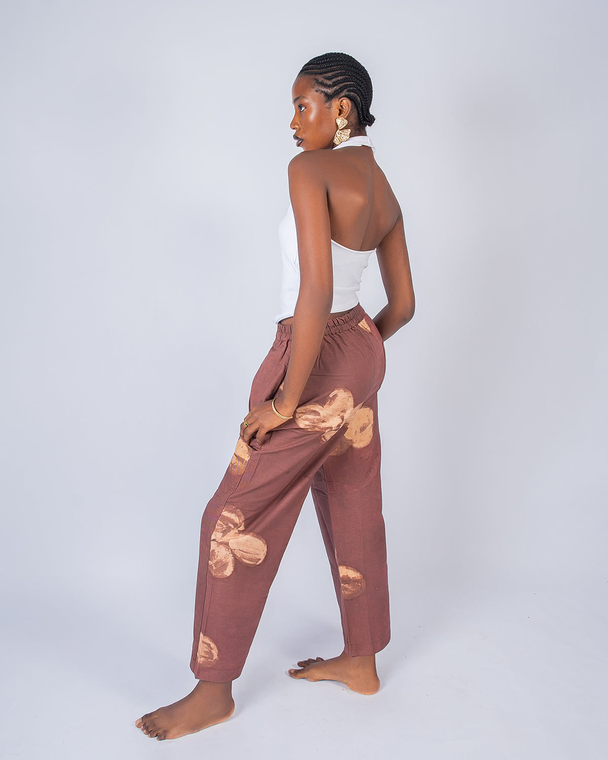 Brown & Yellow Tone Floral Print - Women's Cotton Adire Trousers