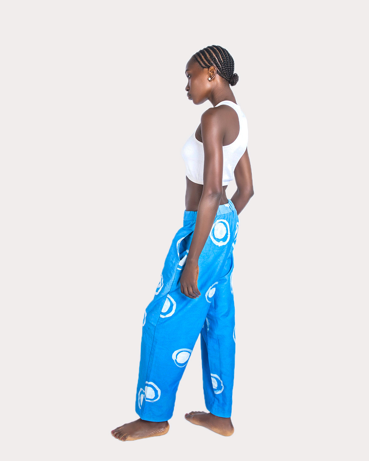Sky Blue & White Contrast Print - Women's Cotton Adire Trousers