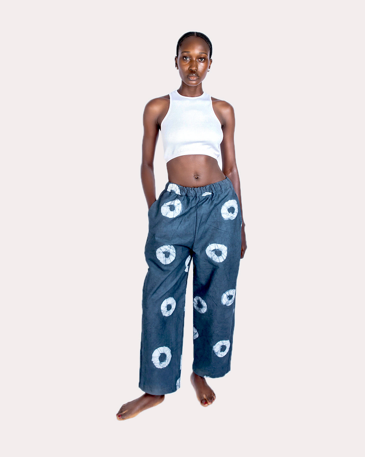 Grey & White Contrast Print - Women's Cotton Adire Trousers