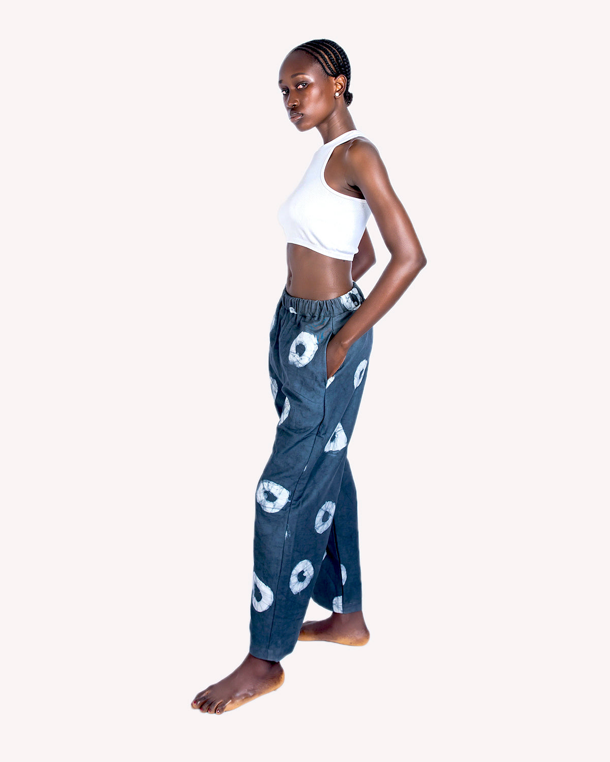 Grey & White Contrast Print - Women's Cotton Adire Trousers