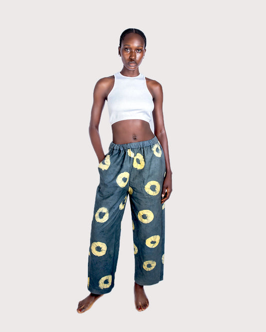 Grey & Yellow Contrast Print - Women's Cotton Adire Trousers