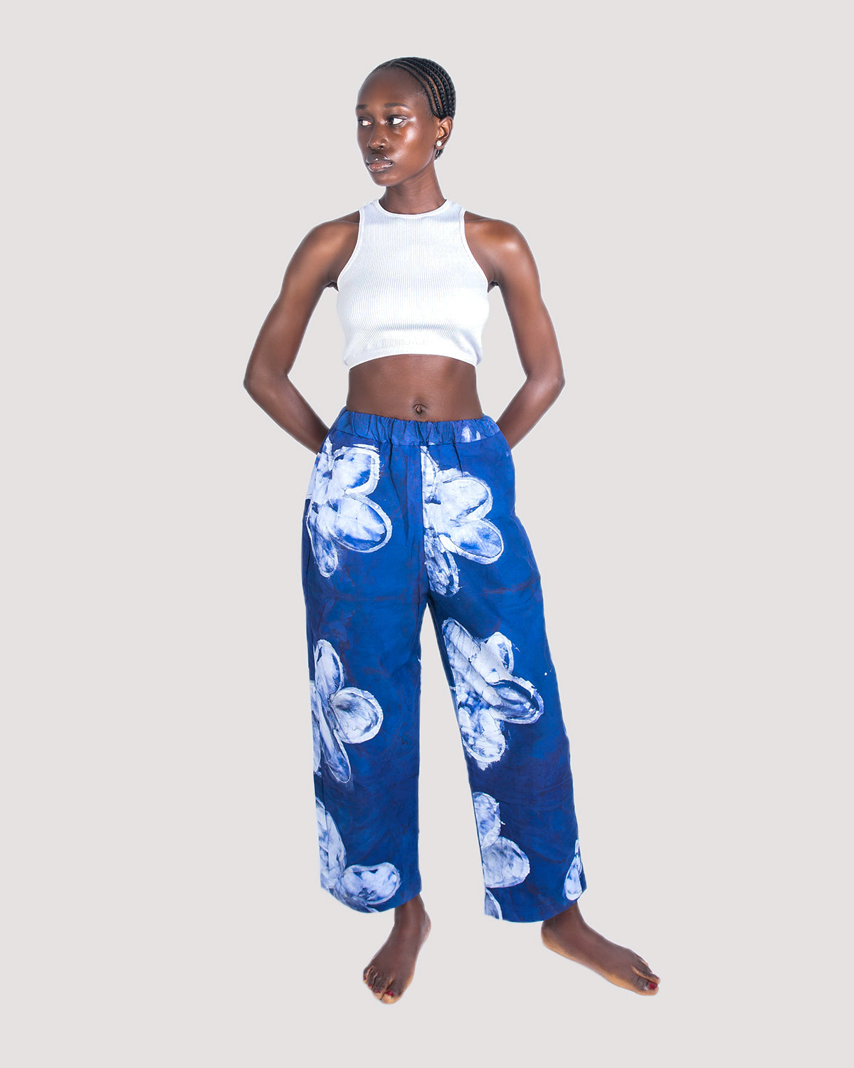 Navy Blue Floral Print - Women's Cotton Adire Trousers