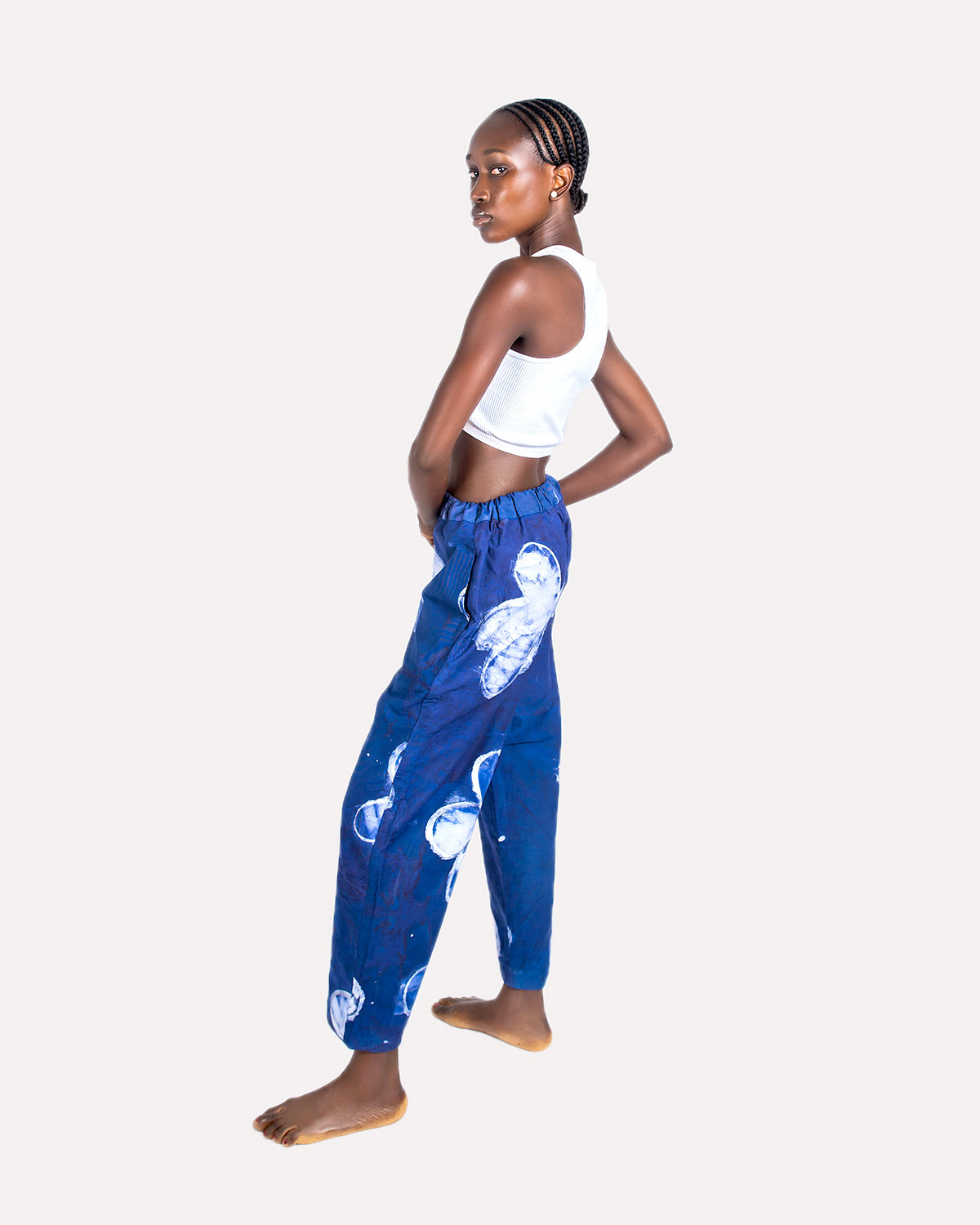 Navy Blue Floral Print - Women's Cotton Adire Trousers
