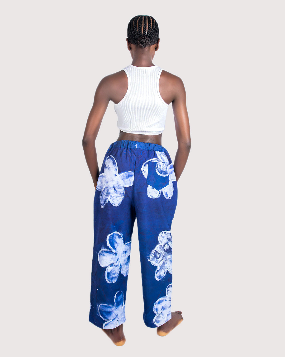 Navy Blue Floral Print - Women's Cotton Adire Trousers
