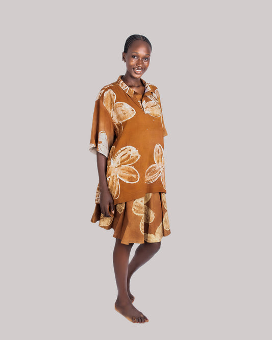Brown Floral Print – Oversized Women’s Light Cotton Adire Shirt