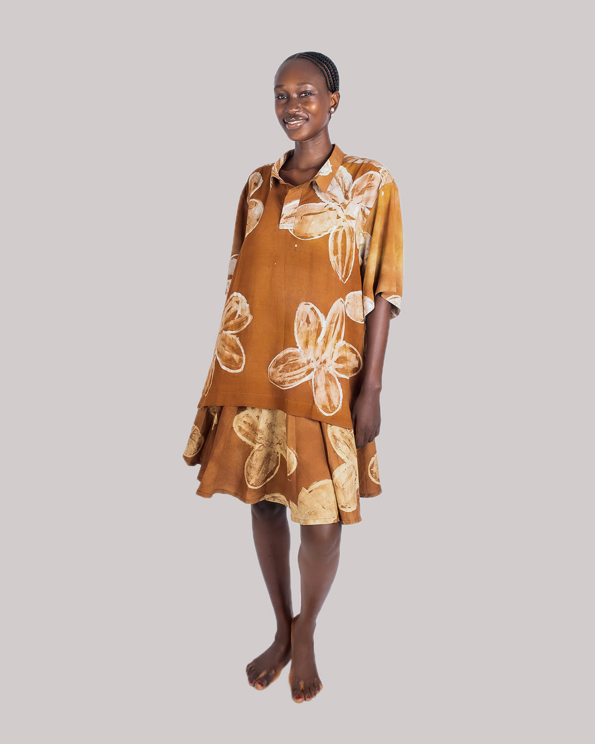 Brown Floral Print – Oversized Women’s Light Cotton Adire Shirt