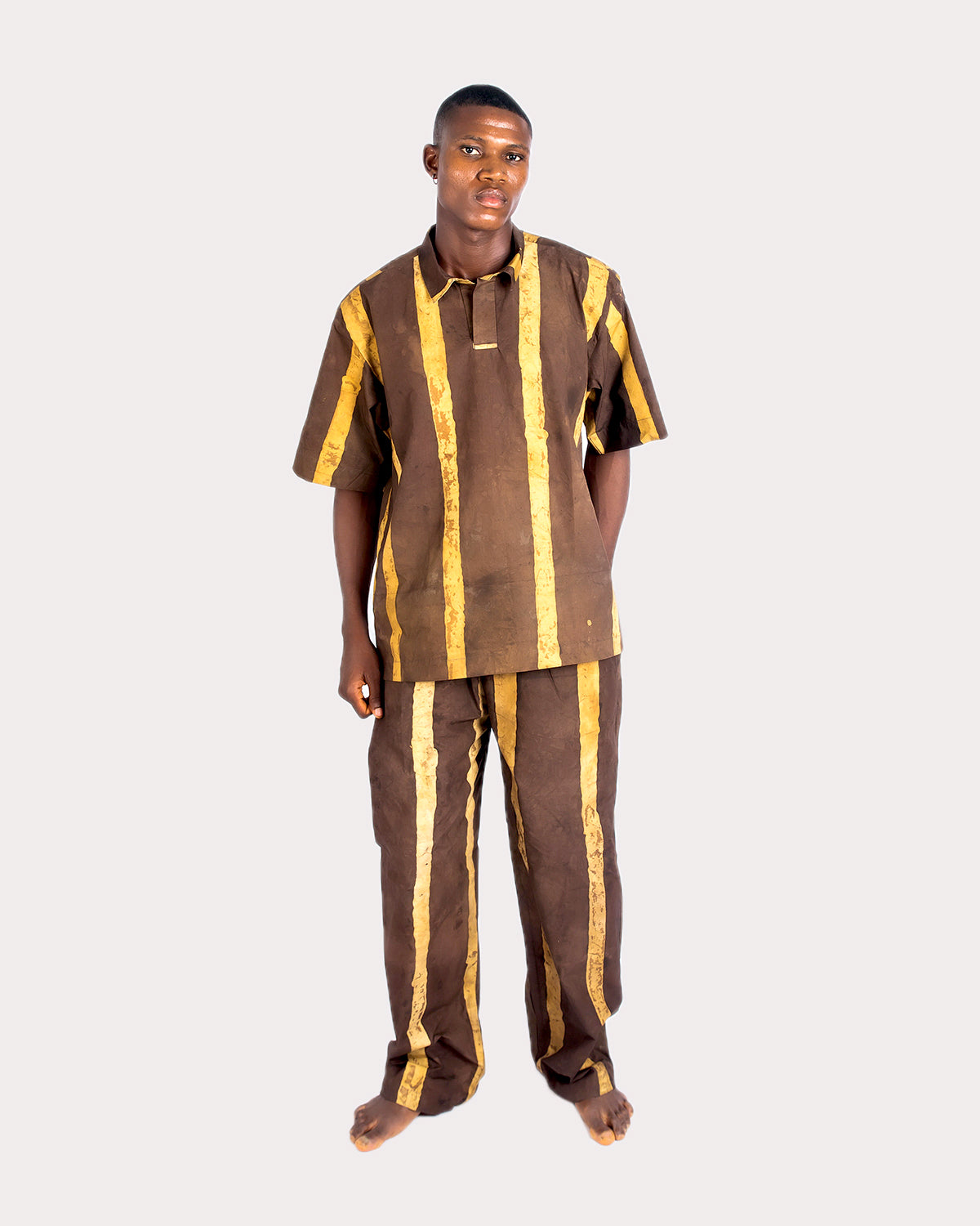 Sand & Deep Brown Vertical Print - Men's Cotton Adire Shirt