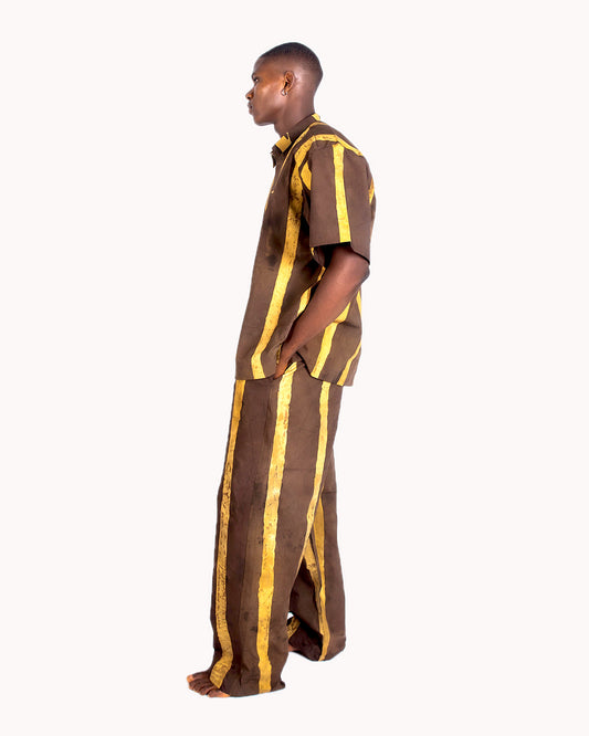 Sand & Deep Brown Vertical Print - Men's Cotton Adire Trousers