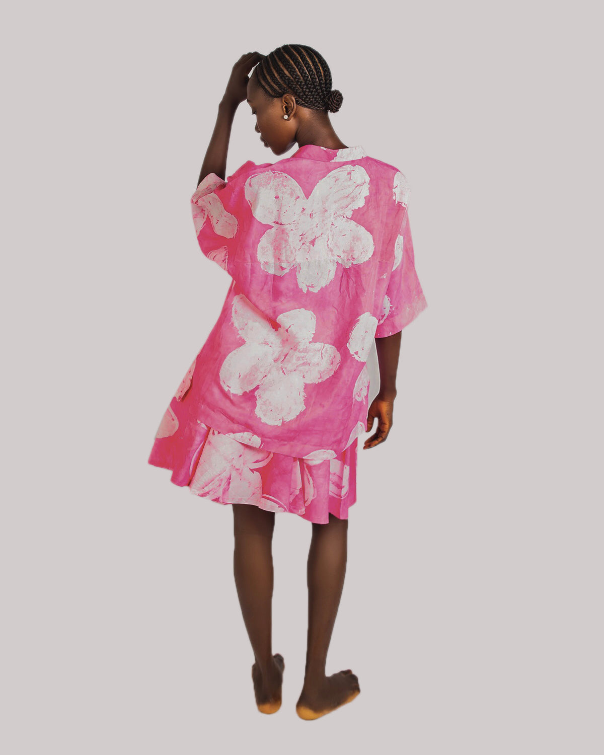 Pink Floral Print – Oversized Women’s Light Cotton Adire Shirt