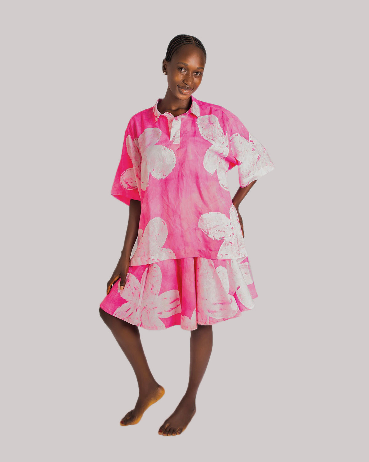Pink Floral Print – Oversized Women’s Light Cotton Adire Shirt