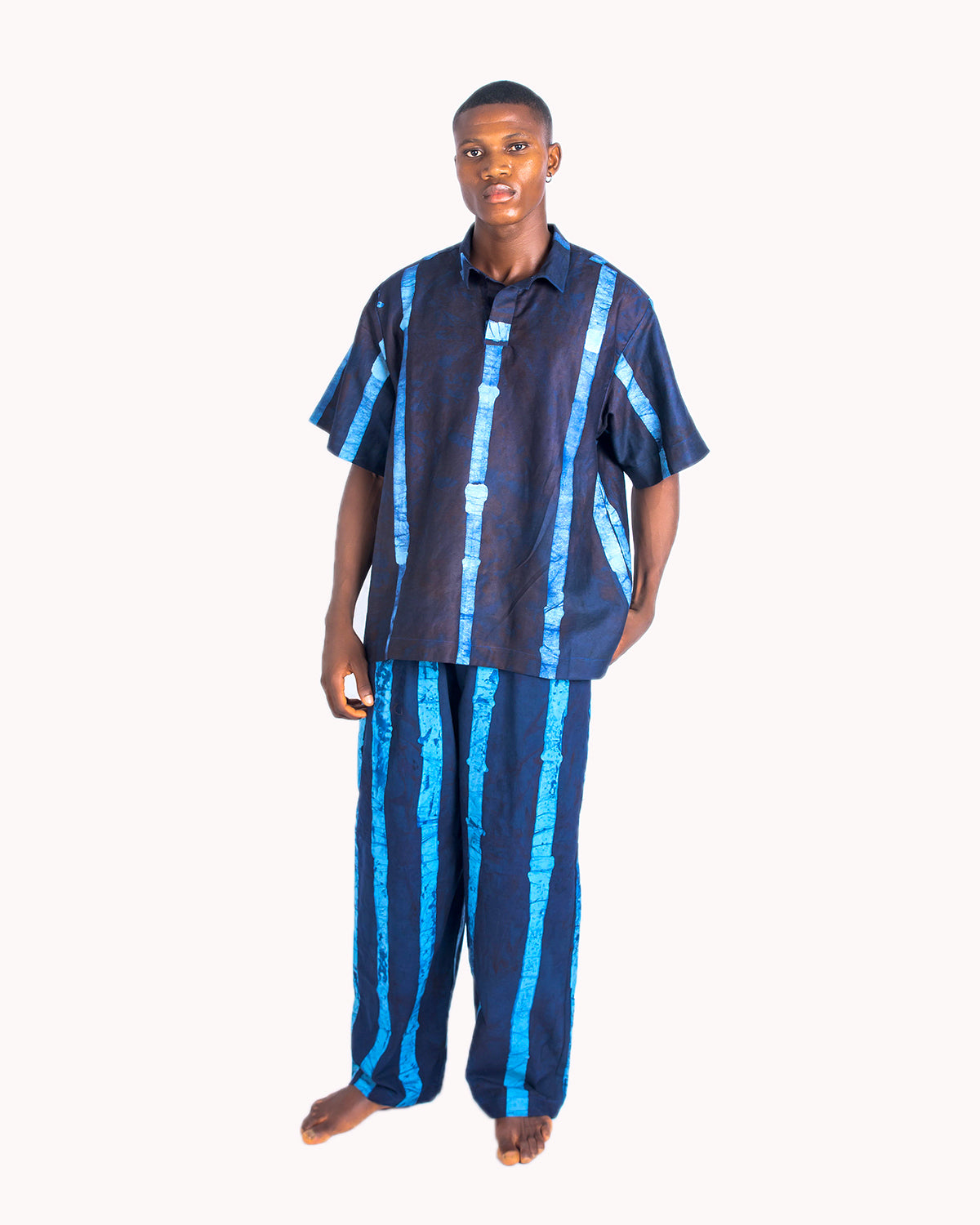 Navy & Sky Blue Vertical Print - Men's Cotton Adire Shirt