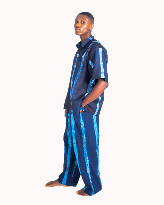 Navy & Sky Blue Vertical Print - Men's Cotton Adire Trousers
