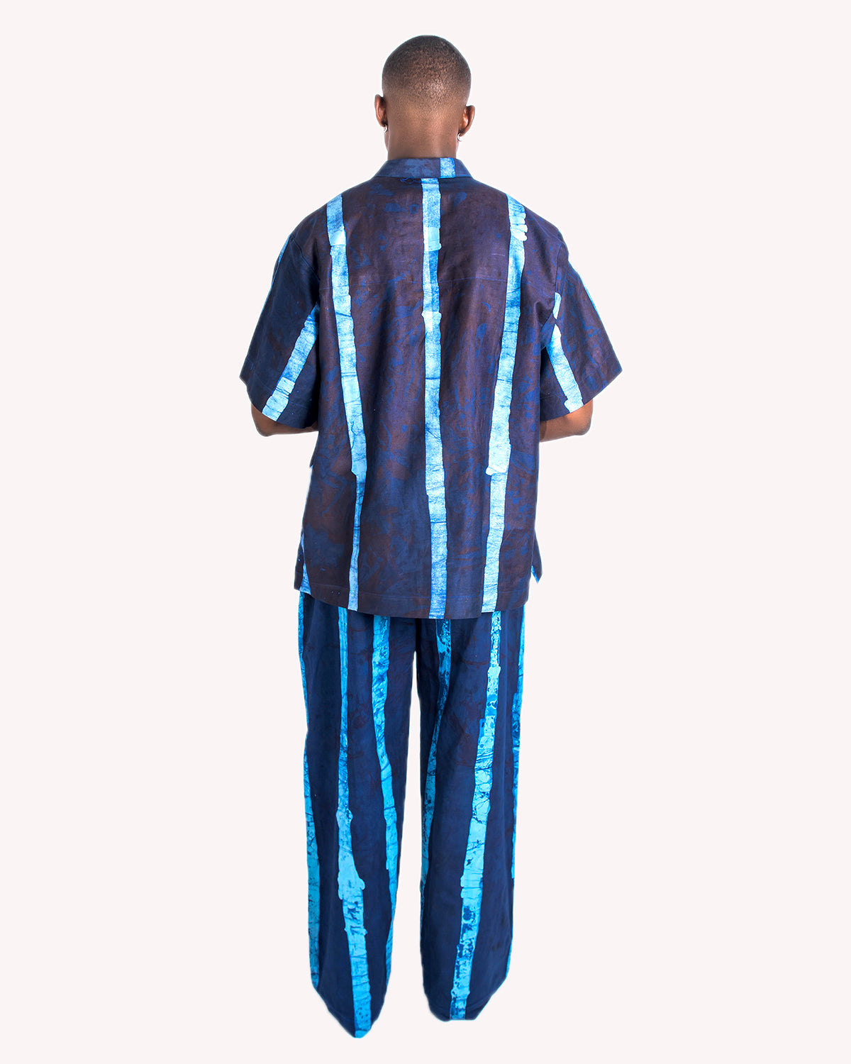 Navy & Sky Blue Vertical Print - Men's Cotton Adire Shirt