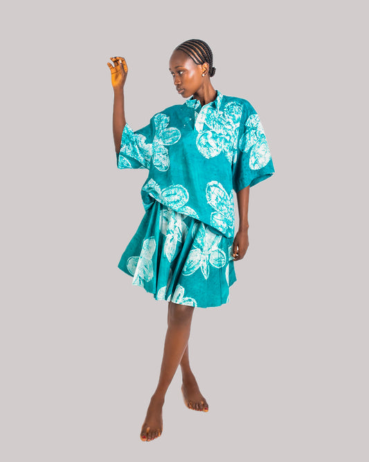 Green Floral Print - Women's Cotton Adire Skirt