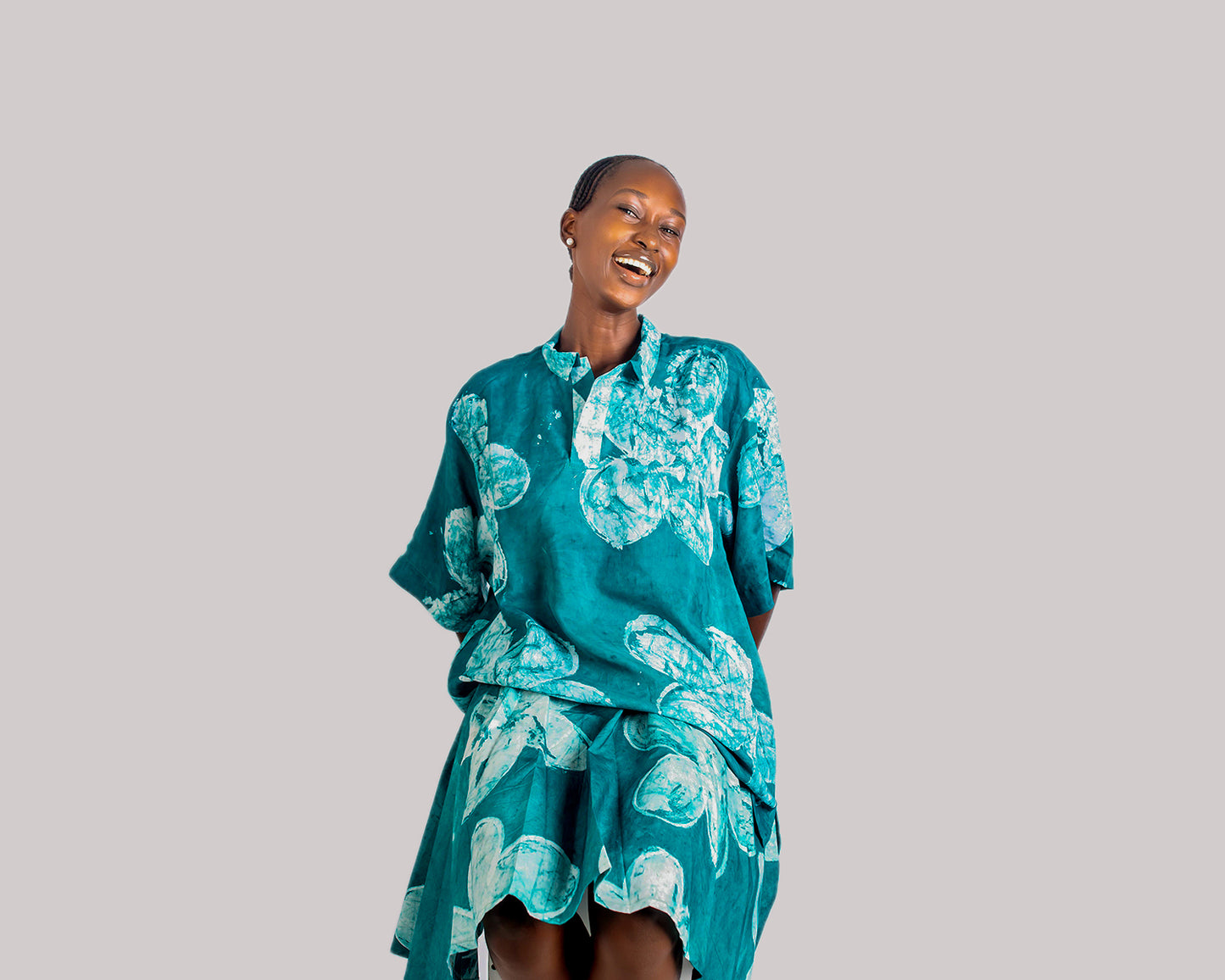 Green Floral Print – Oversized Women’s Light Cotton Adire Shirt