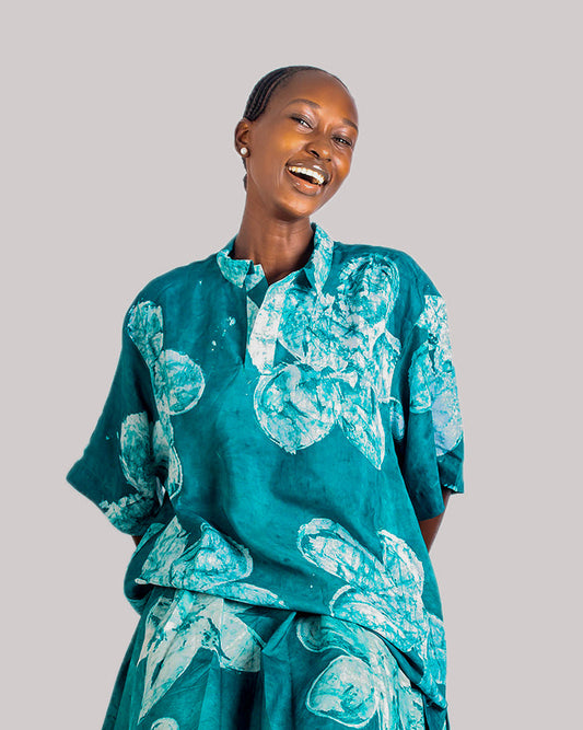 Green Floral Print – Oversized Women’s Cotton Adire Shirt