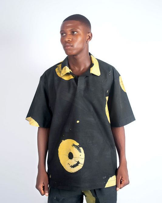 Yellow & Black Contrast Print - Men's Cotton Adire Shirt