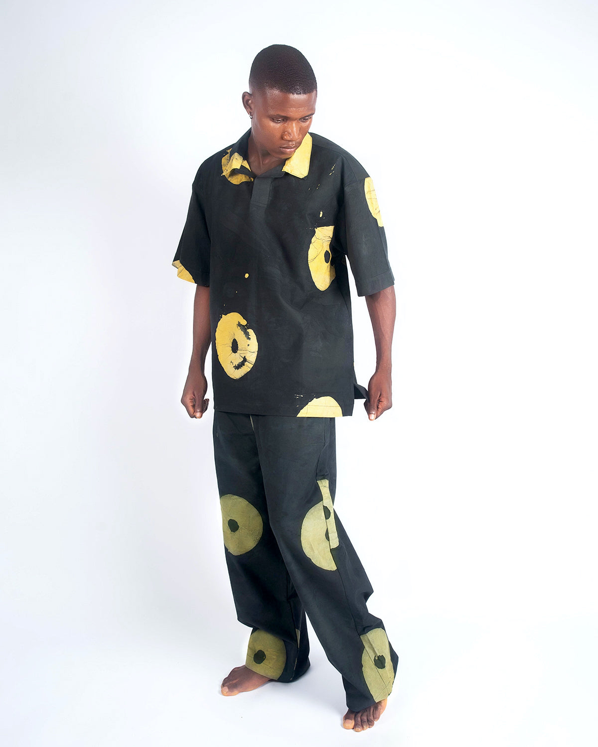 Yellow & Black Contrast Print - Men's Cotton Adire Shirt