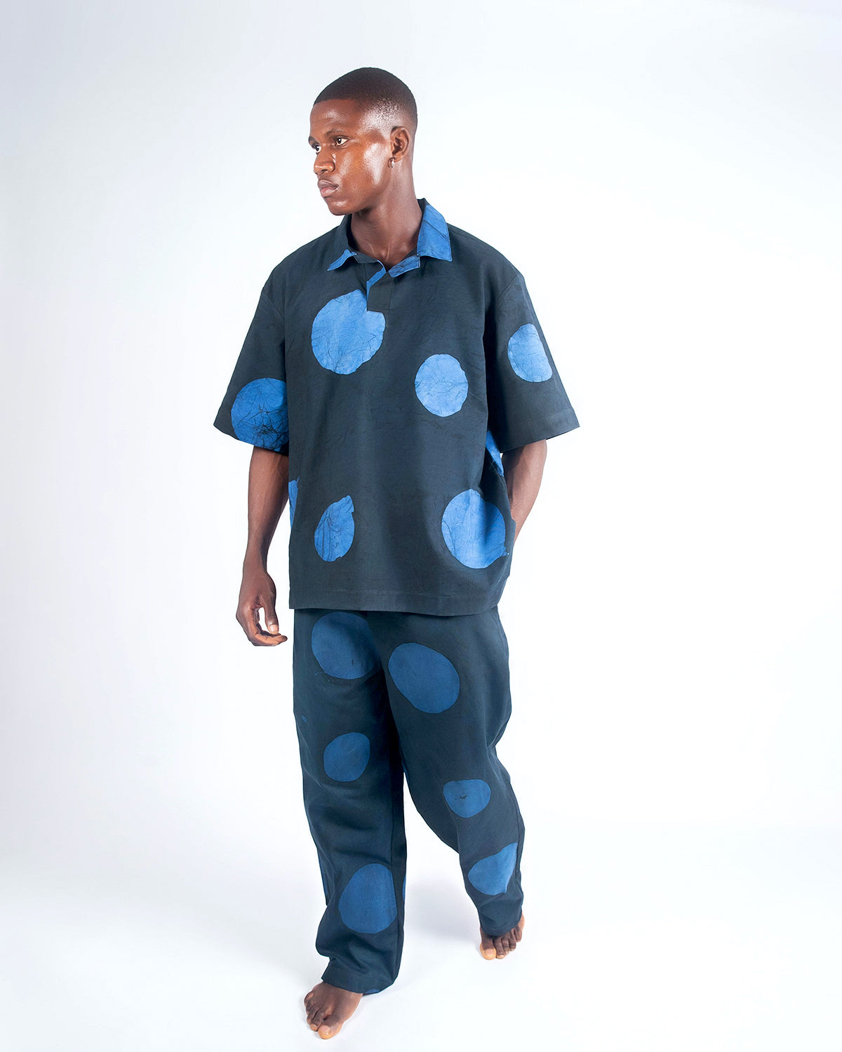 Blue & Black Contrast Print - Men's Cotton Adire Shirt
