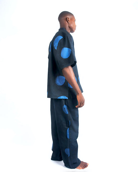 Blue & Black Contrast Print - Men's Cotton Adire Trousers