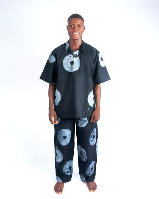 Grey & Black Contrast Print - Men's Cotton Adire Trousers