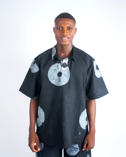 Grey & Black Contrast Print - Men's Cotton Adire Shirt