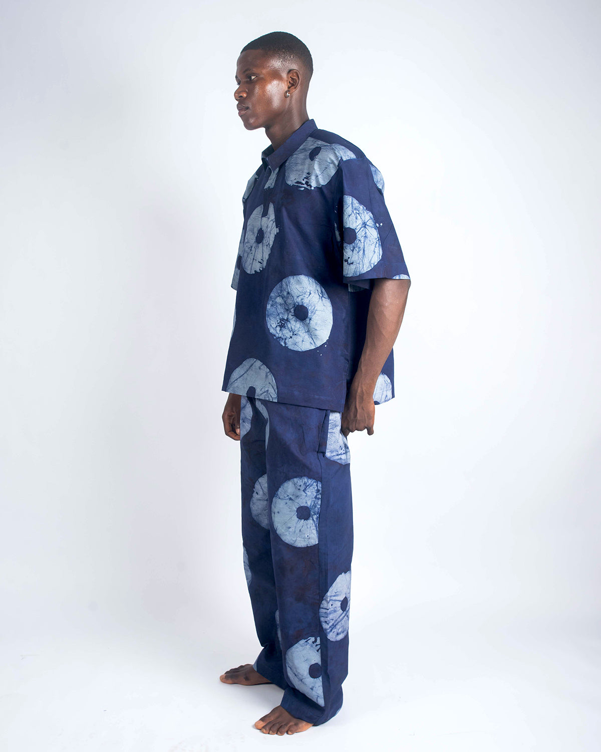 Grey & Navy Blue Contrast Print - Men's Cotton Adire Trousers