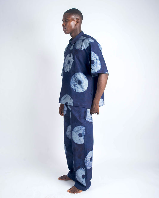 Grey & Navy Blue Contrast Print - Men's Cotton Adire Trousers