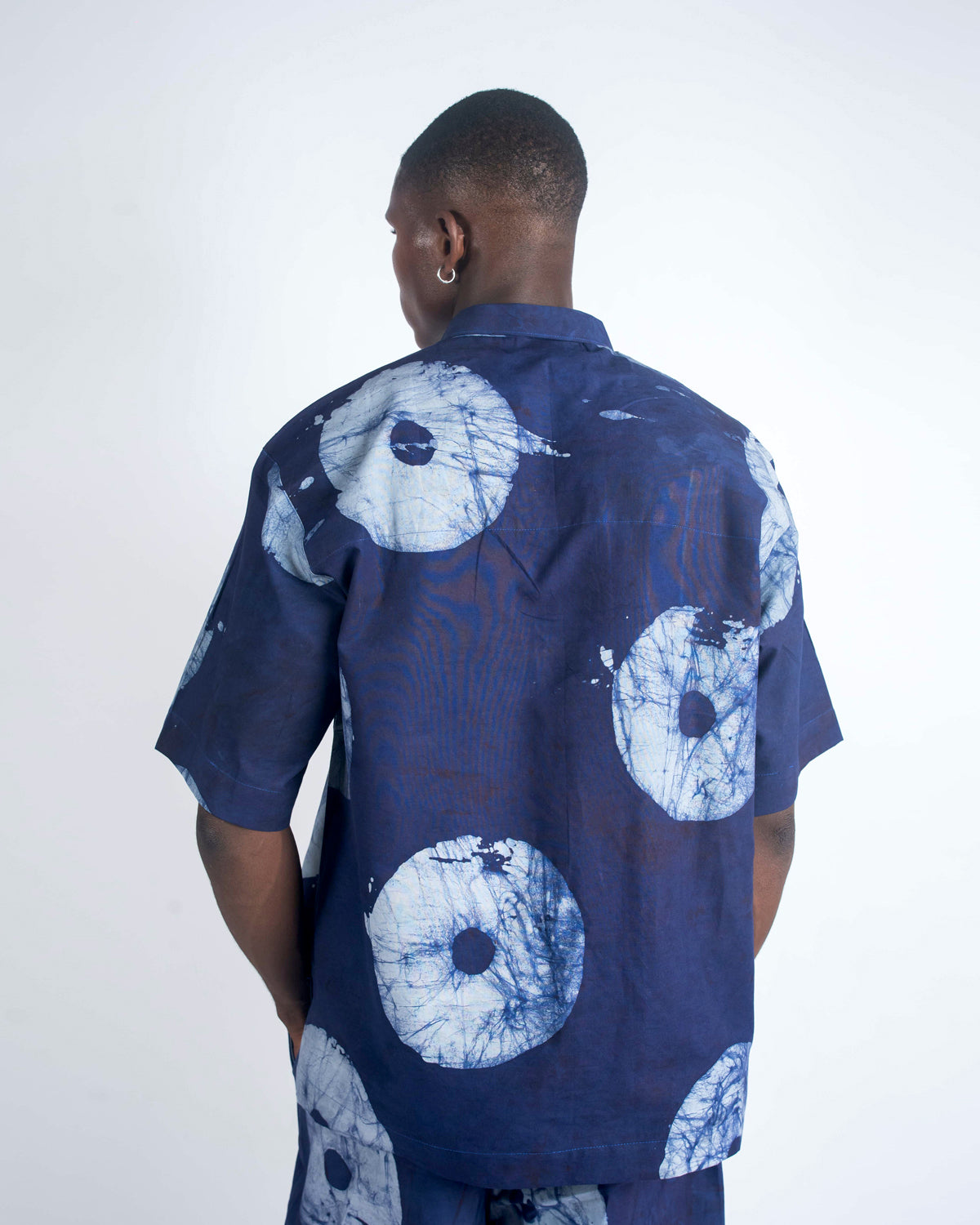 Grey & Navy Blue Contrast Print - Men's Cotton Adire Shirt