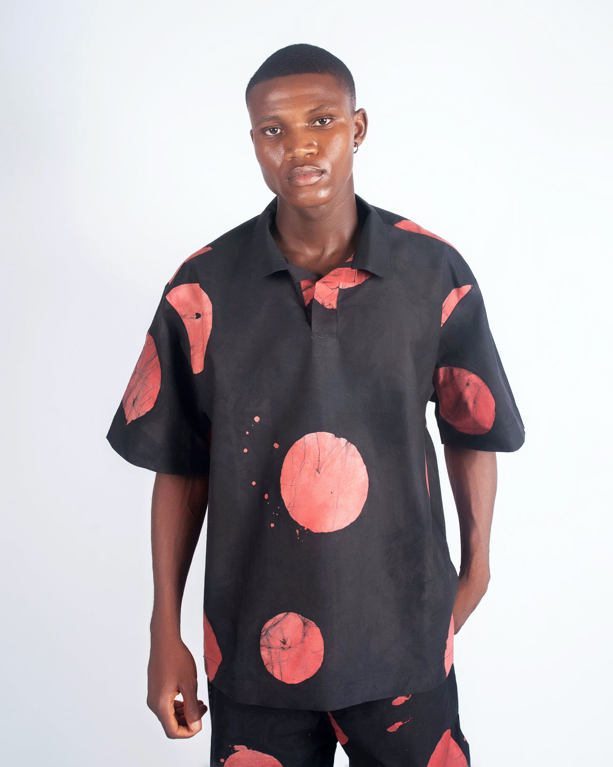 Red & Black Contrast Print - Men's Cotton Adire Shirt
