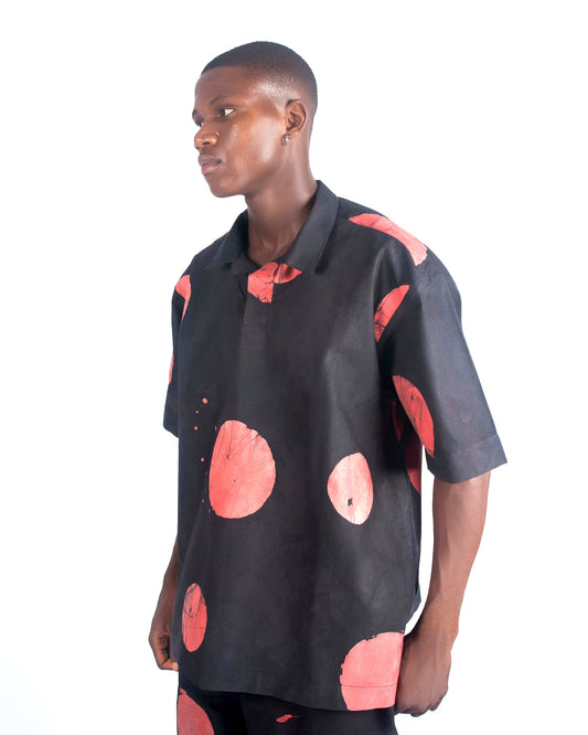 Red & Black Contrast Print - Men's Cotton Adire Shirt