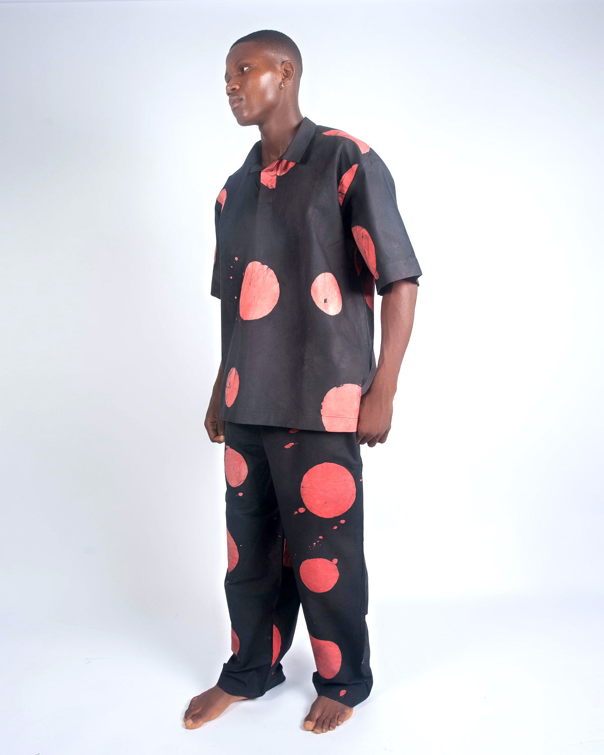 Red & Black Contrast Print - Men's Cotton Adire Trousers