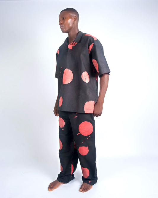 Red & Black Contrast Print - Men's Cotton Adire Trousers