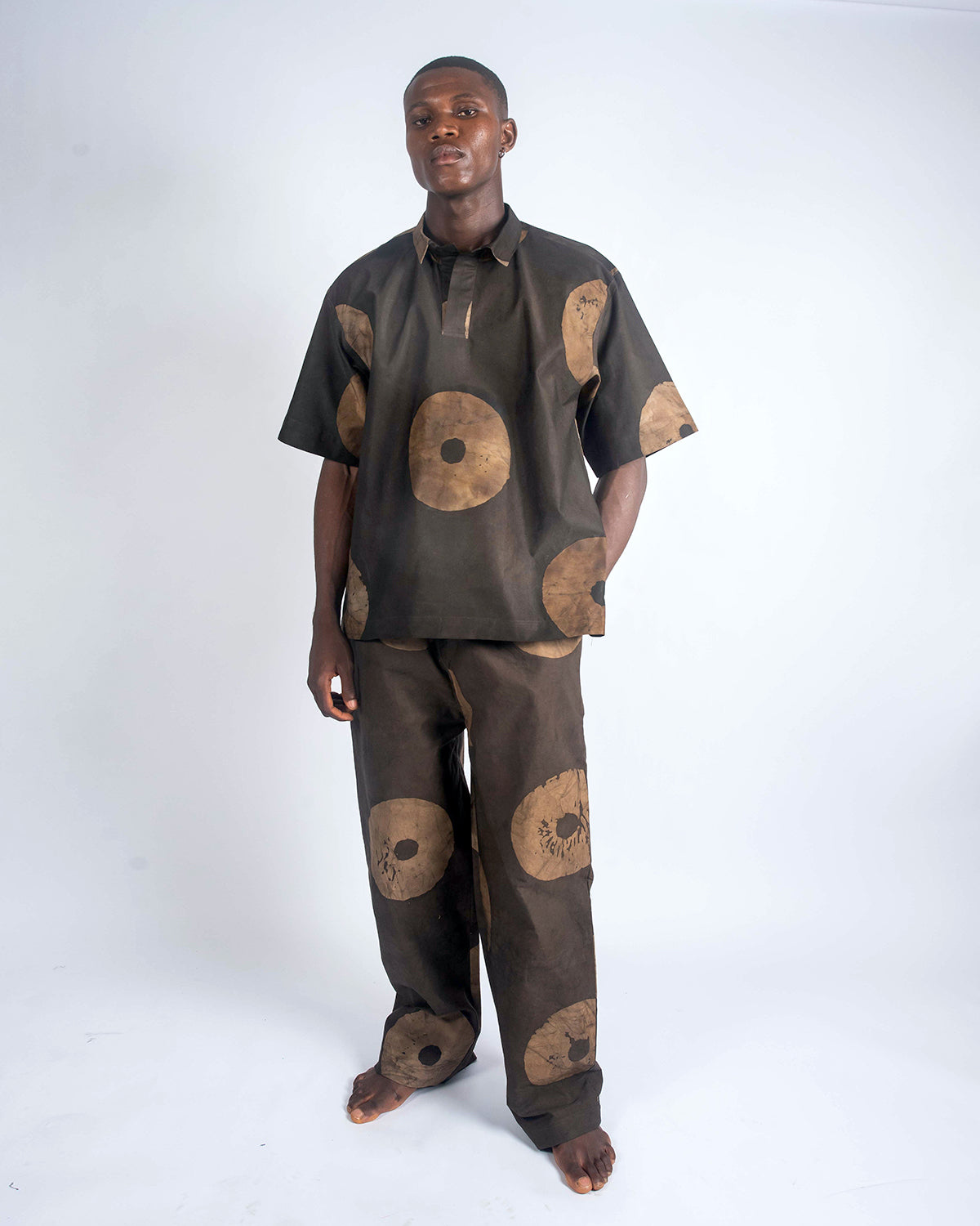 Sand & Deep Brown Contrast Print - Men's Cotton Adire Trousers