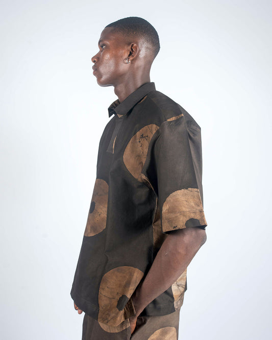 Sand & Deep Brown Contrast Print - Men's Cotton Adire Shirt