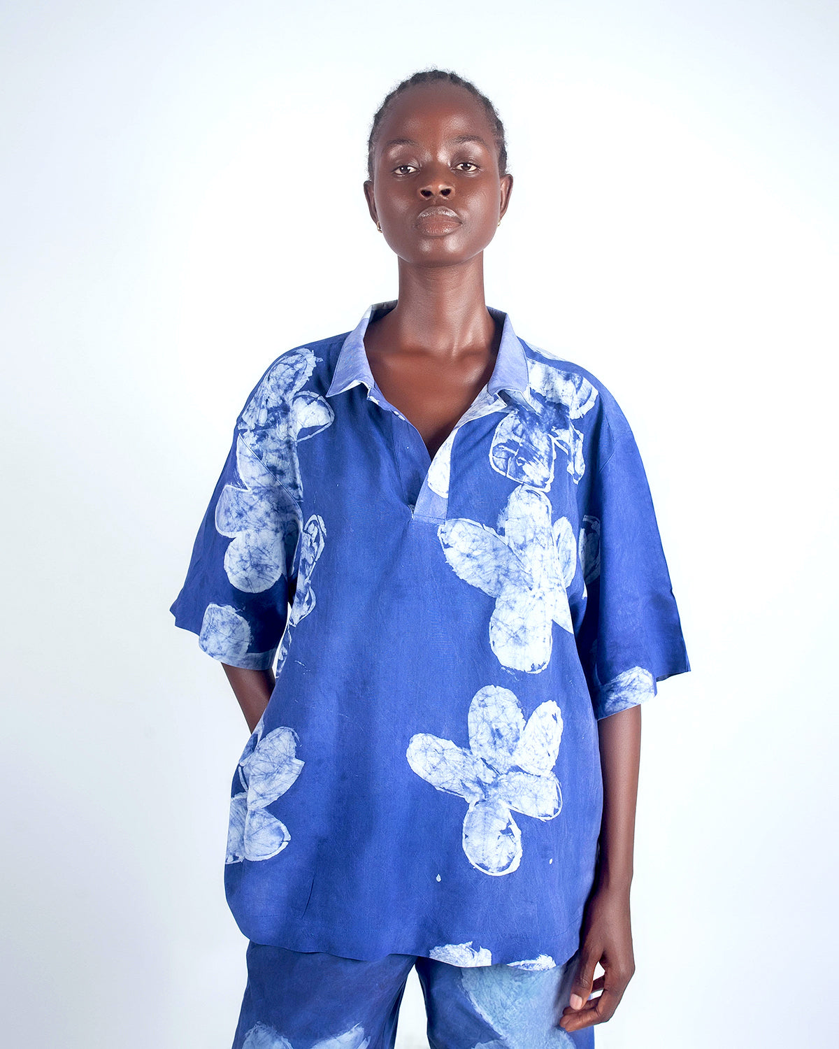 Blue Floral Print - Women's Soft Cotton Adire Shirt