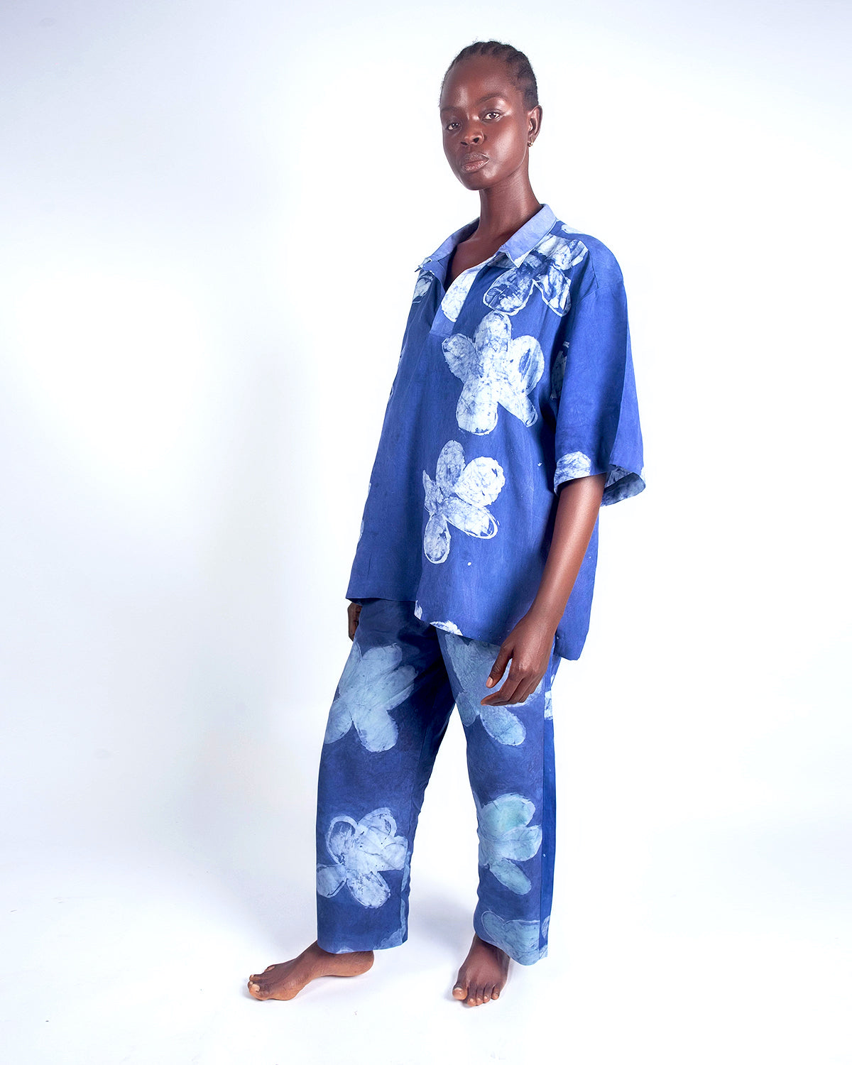 Blue Floral Print - Women's Cotton Adire Trousers